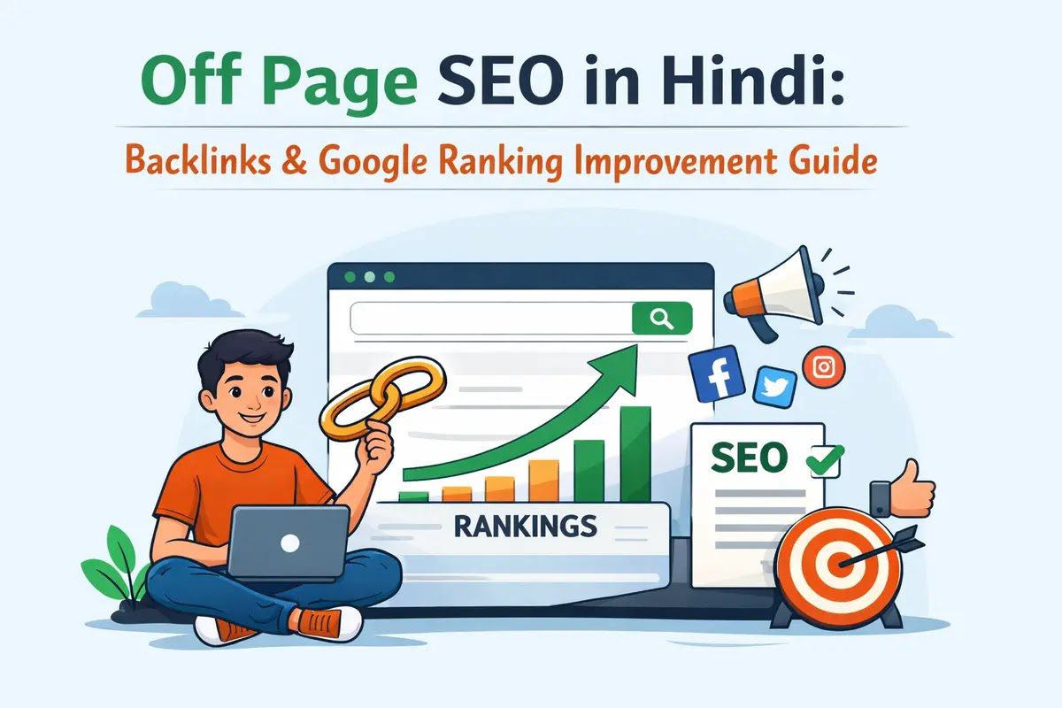 Off Page SEO in Hindi guide image showing backlink strategy, link building methods and SEO techniques to improve Google ranking in 2025
